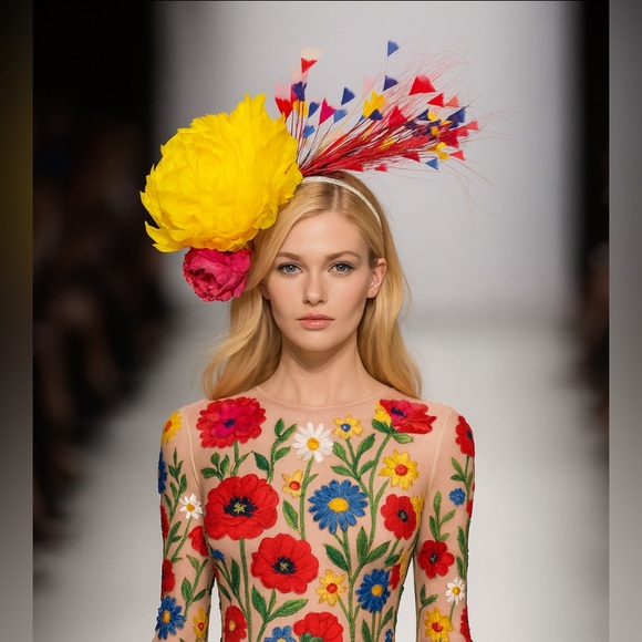 Kentucky Derby Hat Fascinator Peony Floral Feather Fireworks Oaks Church Tea Hat - Picture 1 of 9